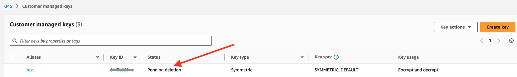 Customer managed keys with Pending deletion status.