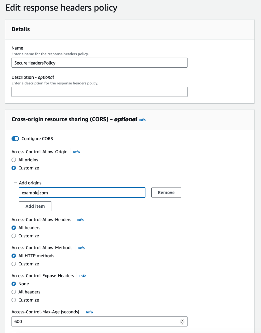 Screenshot of CloudFront management console showing the ‘Edit response headers policy’ interface with options to configure CORS and header settings.