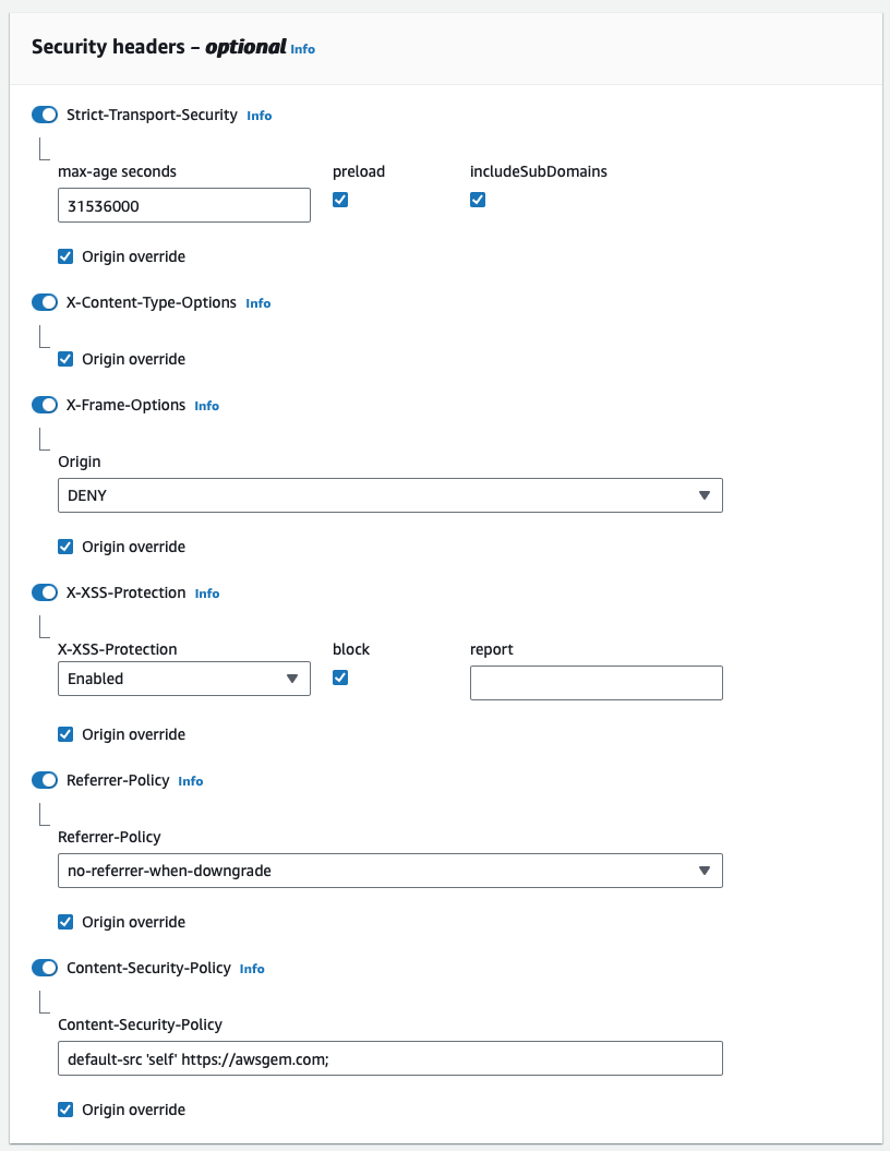 Screenshot of a security headers configuration interface with various settings for Strict-Transport-Security, X-Content-Type-Options, X-Frame-Options, X-XSS-Protection, Referrer-Policy, and Content-Security-Policy.