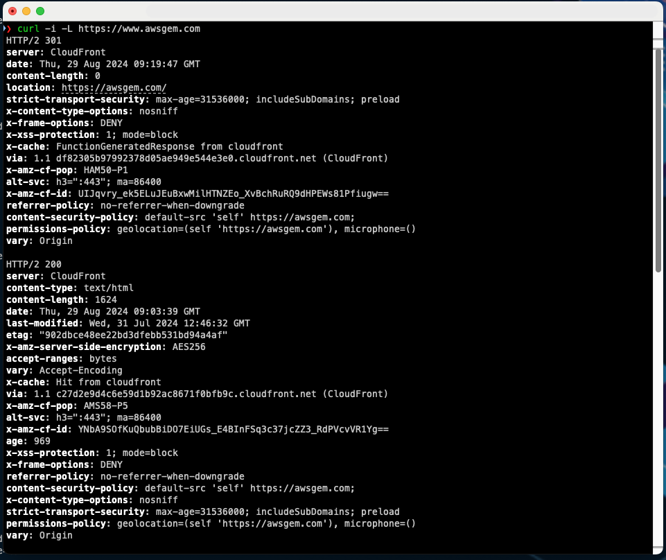 A terminal window displaying the output of a curl command, showing HTTP requests and responses with details like status codes, headers, and content information. The response indicates that the request was redirected from the root URL to the / URL and then served a static HTML page from CloudFront.