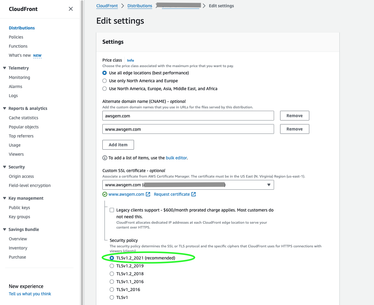 Screenshot of Amazon CloudFront’s Edit Settings page with the recommended TLSv1.2_2021 security policy selected for SSL/TLS protocols.