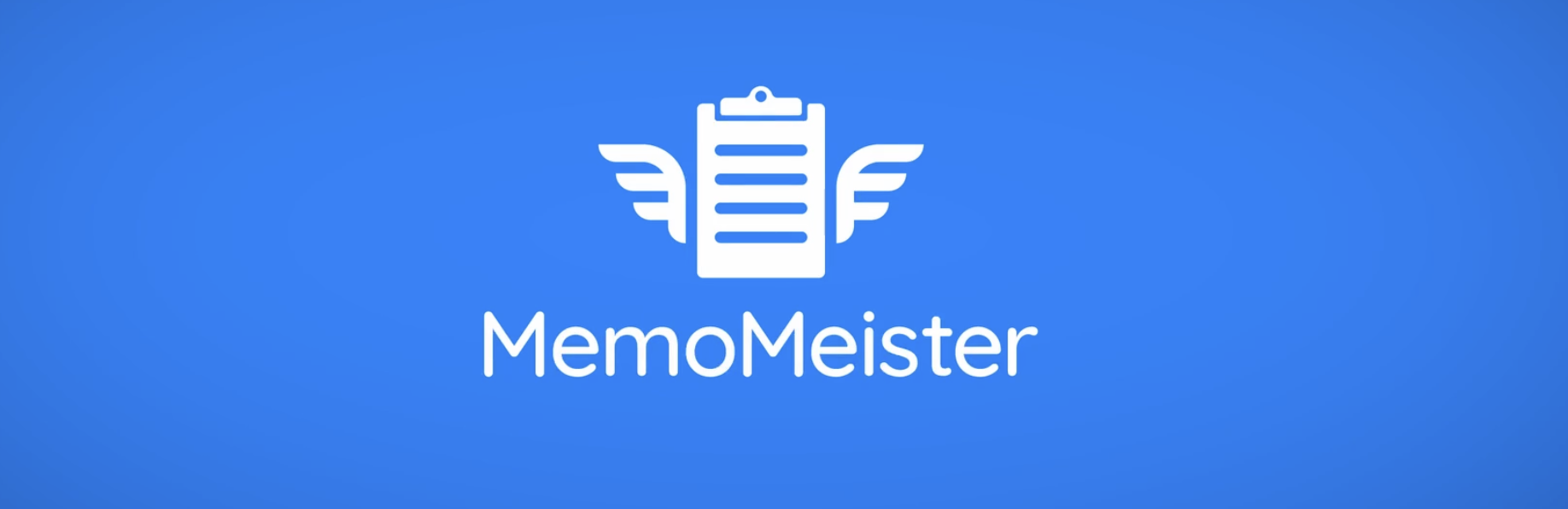 Logo of MemoMeister featuring a stylized clipboard and wing design on a blue background.