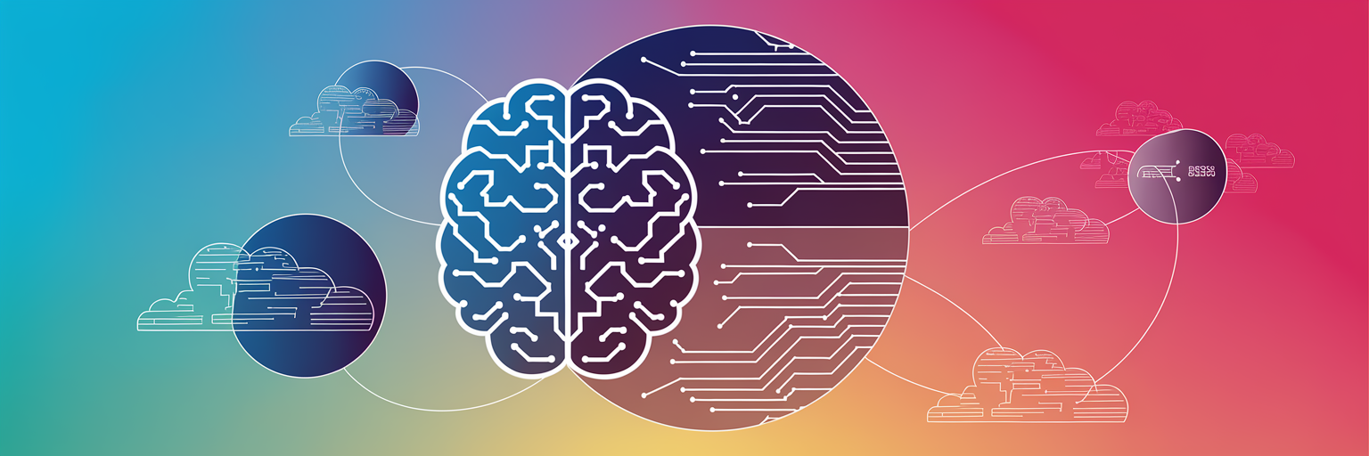 Stylized brain halves with circuit patterns connected to cloud representations on a colorful gradient background.