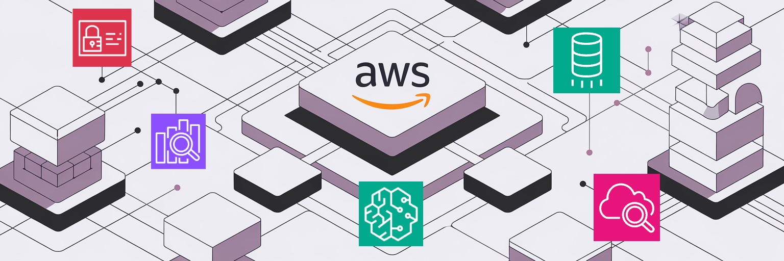 Graphic banner showing AWS integration with various AI and ML services, depicted as interconnected icons over a network diagram.